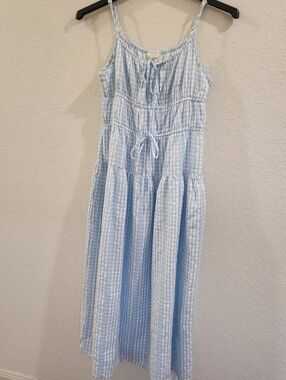 SIMS & SAMS Light Blue Gingham Midi Dress with Drawstring Waist . With Pockets